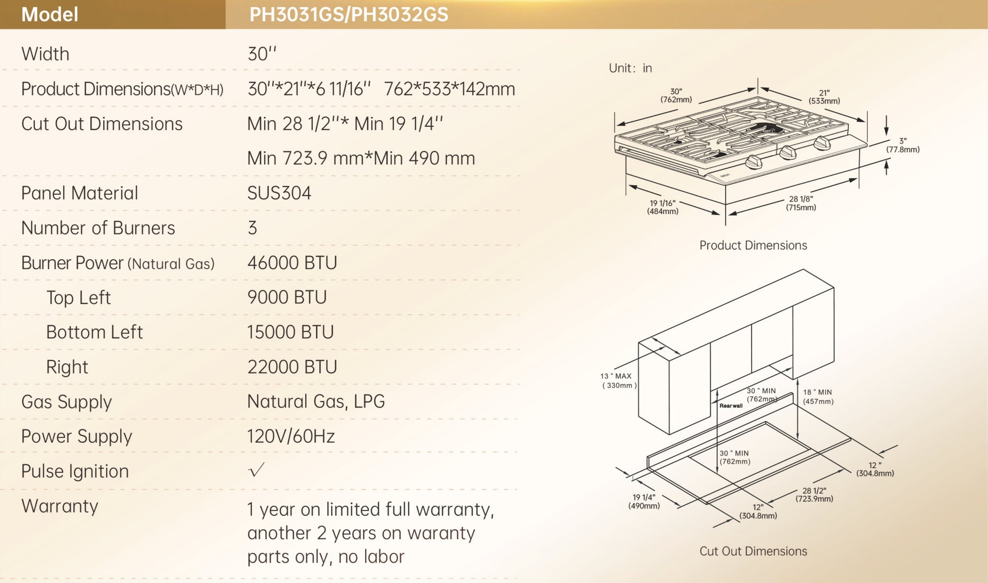30" Cooktop  Type-B